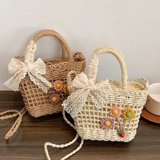 Túi Cói Nữ Đi Biển Mini Vintage Hàng Loại 1 Đính Hoa Kèm Nơ Ren Xinh Xắn Phong Cách Trẻ Trung Cá Tính - Túi Cói Mini