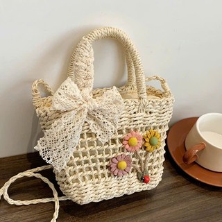 Túi Cói Nữ Đi Biển Mini Vintage Hàng Loại 1 Đính Hoa Kèm Nơ Ren Xinh Xắn Phong Cách Trẻ Trung Cá Tính - Túi Cói Mini