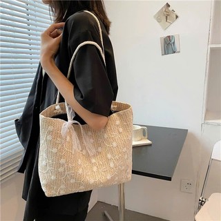 Túi Cói Dây Quai Thừng Họa Tiết Hoa Phối Ren Cao Cấp Phong Cách Đơn Giản Trẻ Trung - Túi Cói Bản To Đựng Nhiều Đồ