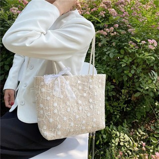 Túi Cói Dây Quai Thừng Họa Tiết Hoa Phối Ren Cao Cấp Phong Cách Đơn Giản Trẻ Trung - Túi Cói Bản To Đựng Nhiều Đồ
