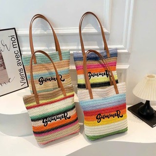 Túi Cói Cầu Vồng Thêu Chữ Summer Mẫu Mới Nhất 2025 Phong Cách Hàn Quốc - Túi Cói Đi Biển Nhiều Màu Dành Cho Nữ
