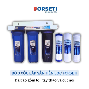 Bộ 3 CỐC 10" Lọc Nước Forseti Lắp Sẵn Dùng Tiền lọc cho máy ion kiềm, nước sinh hoạt có kèm lõi lọc, tay tháo và cút nối