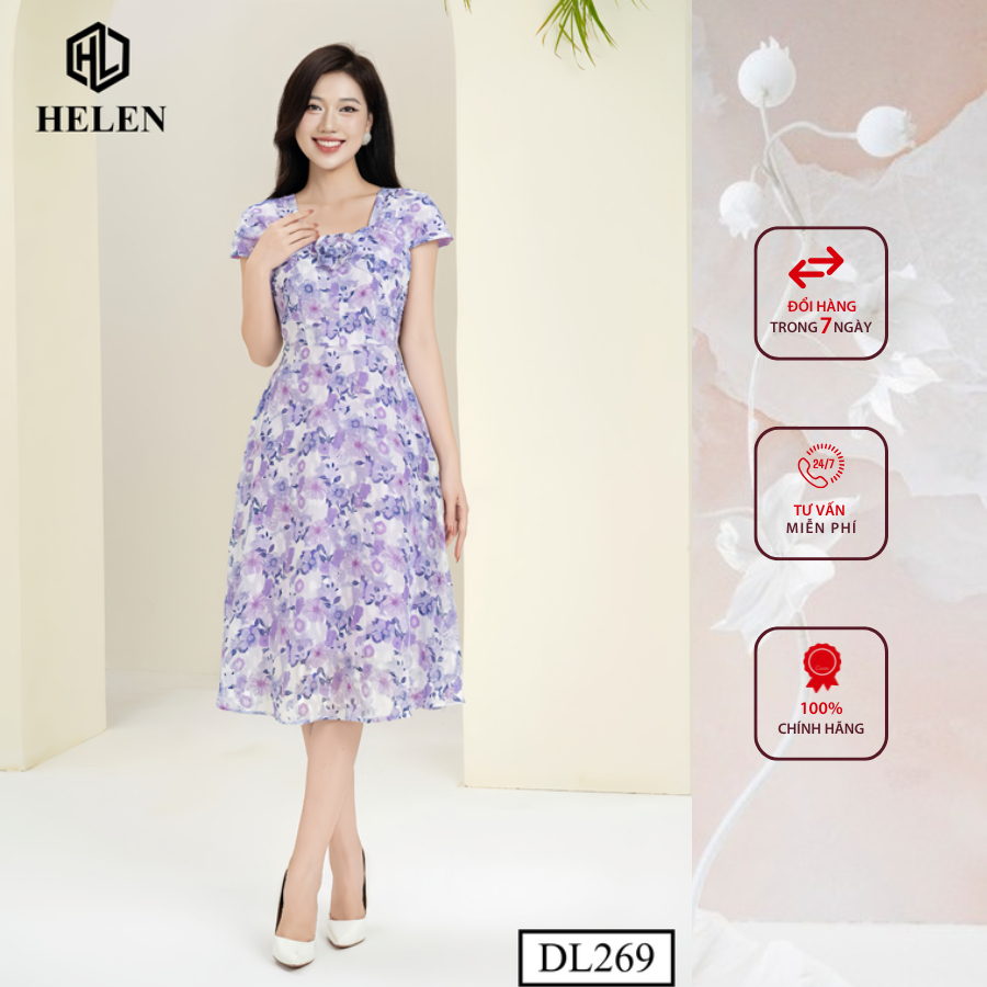 Đầm công sở HELEN thiết kế dáng xòe hoa tím cổ vuông đính hoa ngực DL269