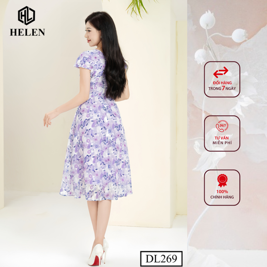 Đầm công sở HELEN thiết kế dáng xòe hoa tím cổ vuông đính hoa ngực DL269