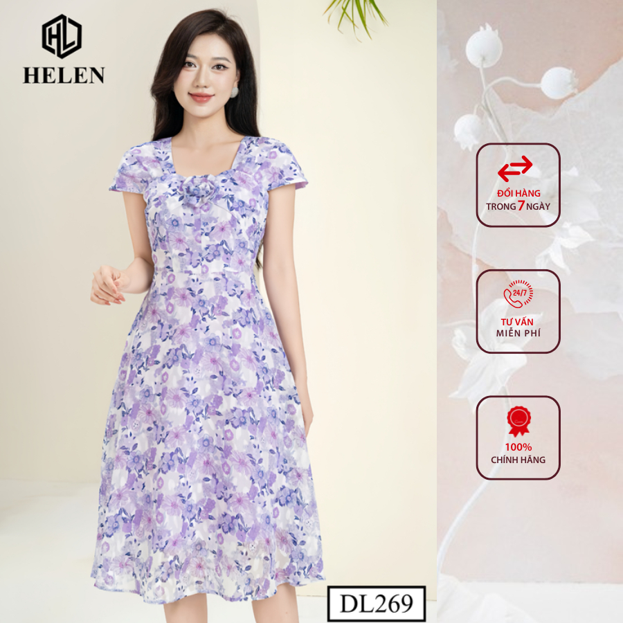 Đầm công sở HELEN thiết kế dáng xòe hoa tím cổ vuông đính hoa ngực DL269