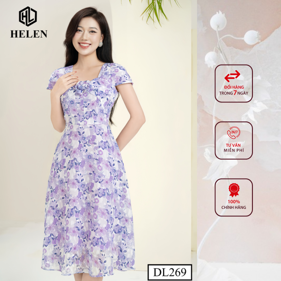 Đầm công sở HELEN thiết kế dáng xòe hoa tím cổ vuông đính hoa ngực DL269