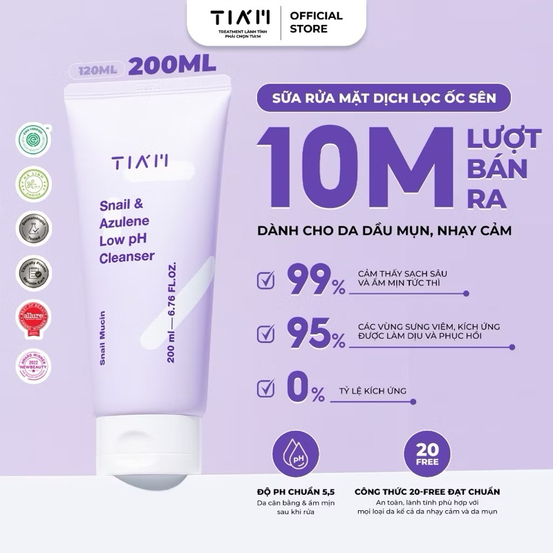 Sữa Rửa Mặt Dịch Lọc Ốc Sên Làm Dịu Và Phục Hồi Dành Cho Da Nhạy Cảm TIA’M Snail & Azulene Cleanser