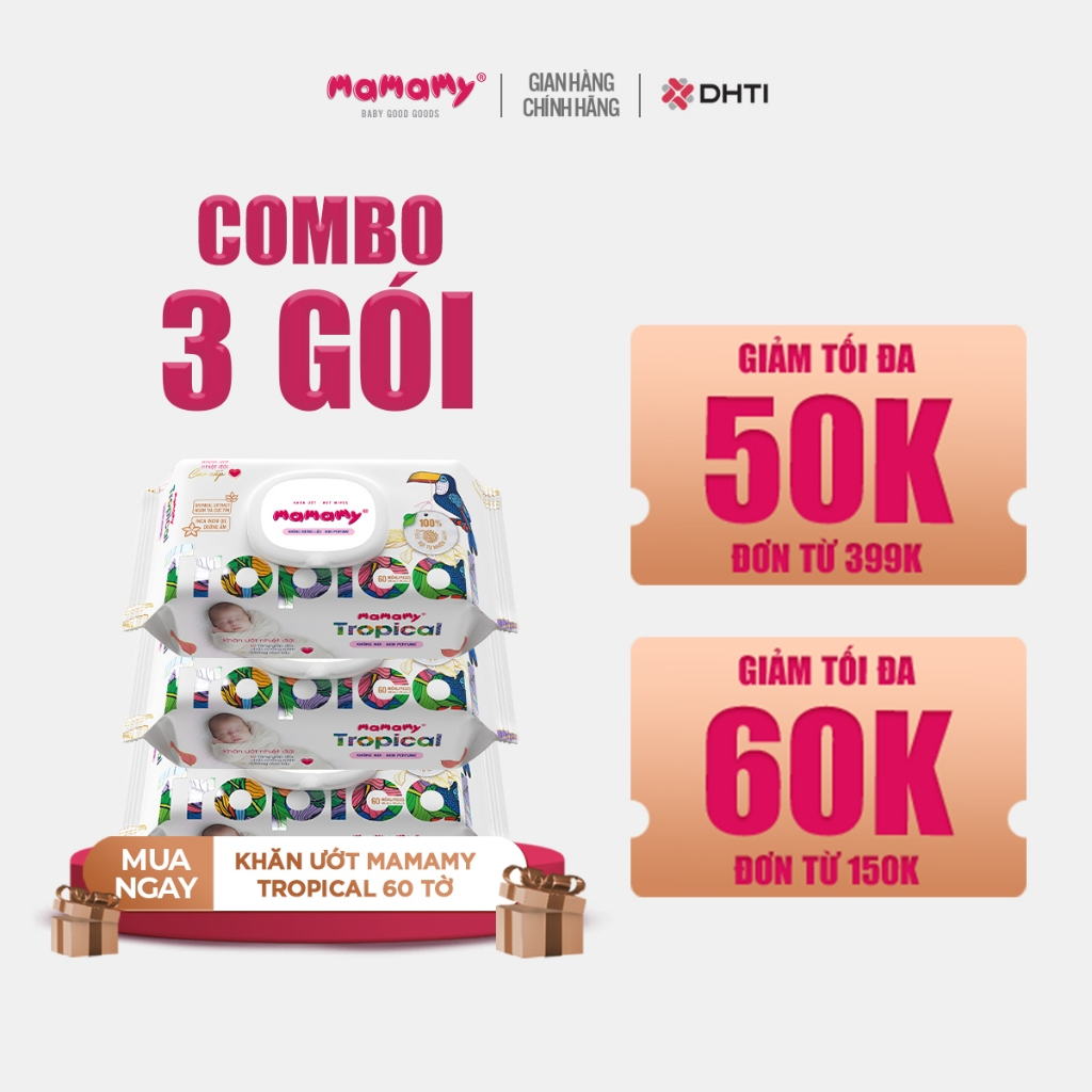 Ảnh Combo 3 gói khăn ướt Mamamy Tropical 60 tờ không mùi cao cấp chính hãng cho mẹ và bé, sợi vải thuần tự nhiên và rayon 1