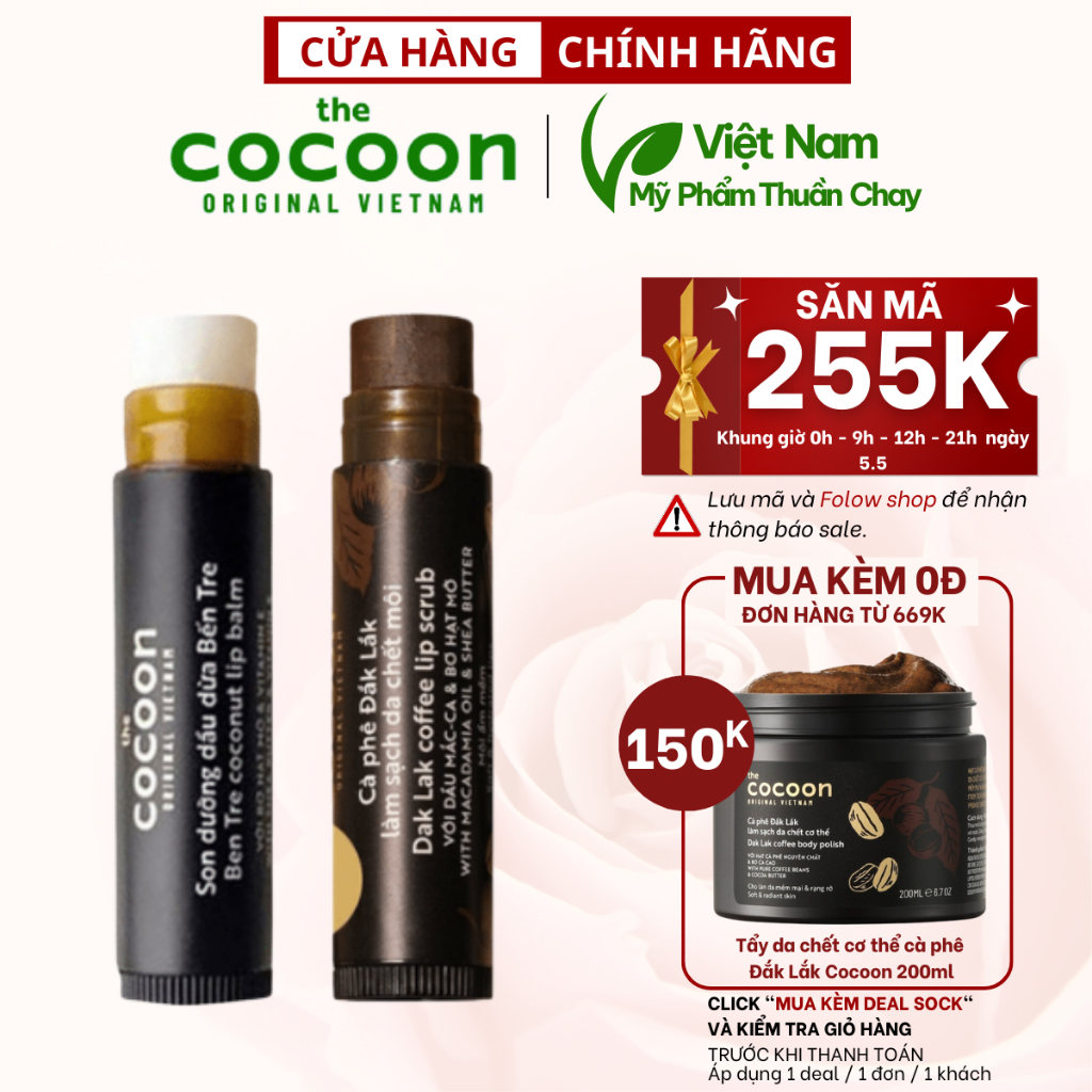Ảnh Combo son tẩy da chết môi Cà phê đắk lắk cocoon5g + son dưỡng môi dầu dừa bến tre cocoon5g 1