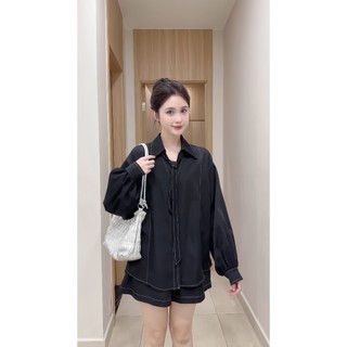 Set Bộ Đồ Nữ Áo Sơ Mi Thô Mềm Chỉ Nổi Kèm Quần Sooc Và Đai Lưng HaChangStore - S100