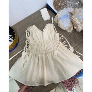 Váy hè,Váy babydoll nhúm eo dây nơ lá kiểu dáng Hàn tặng kèm quần bảo hộ cho bé gái