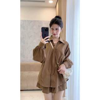 Set Bộ Đồ Nữ Áo Sơ Mi Thô Mềm Chỉ Nổi Kèm Quần Sooc Và Đai Lưng HaChangStore - S100