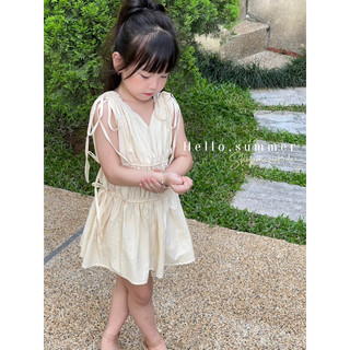 Váy hè,Váy babydoll nhúm eo dây nơ lá kiểu dáng Hàn tặng kèm quần bảo hộ cho bé gái