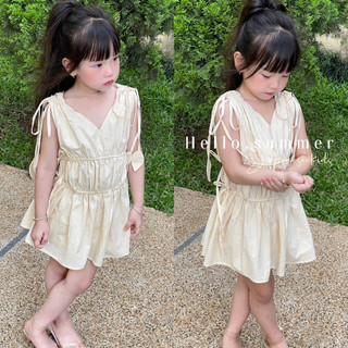 Váy hè,Váy babydoll nhúm eo dây nơ lá kiểu dáng Hàn tặng kèm quần bảo hộ cho bé gái