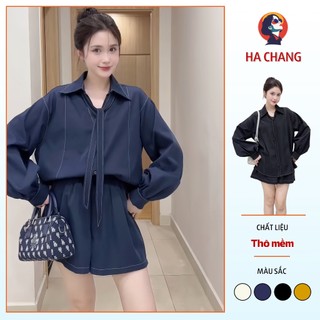 Set Bộ Đồ Nữ Áo Sơ Mi Thô Mềm Chỉ Nổi Kèm Quần Sooc Và Đai Lưng HaChangStore - S100