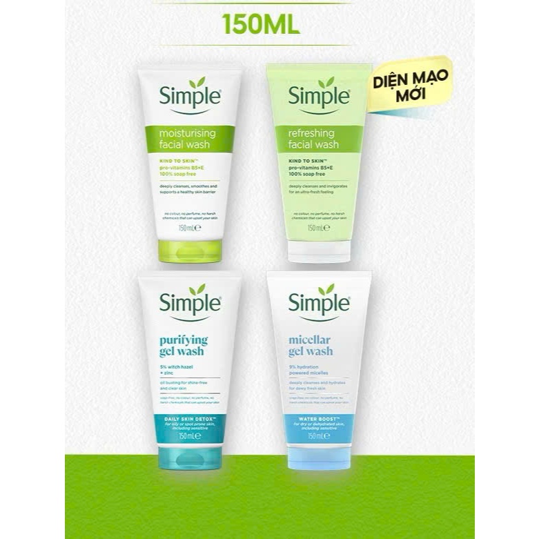 Sữa Rửa Mặt Simple 150ml giúp da sạch thoáng, cấp ẩm và ngừa mụn