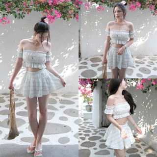 [S2.4029] Set Ren Sóng Trễ Vai Cropop Mix Chân Váy Xoè, Set Bộ Đi Biển Siêu Xinh