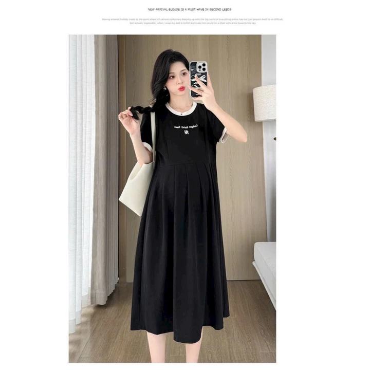 Đầm bầu thiết kế, váy bầu babydoll dáng dài chất tổ ong, đầm bầu cộc tay mùa hè bà bầu mặc đi làm đi chơi, ở nhà