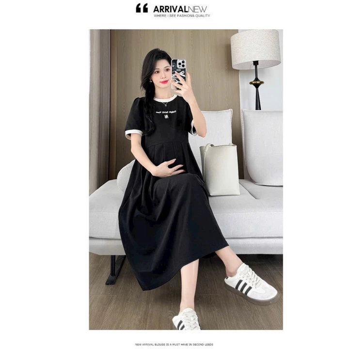 Đầm bầu thiết kế, váy bầu babydoll dáng dài chất tổ ong, đầm bầu cộc tay mùa hè bà bầu mặc đi làm đi chơi, ở nhà