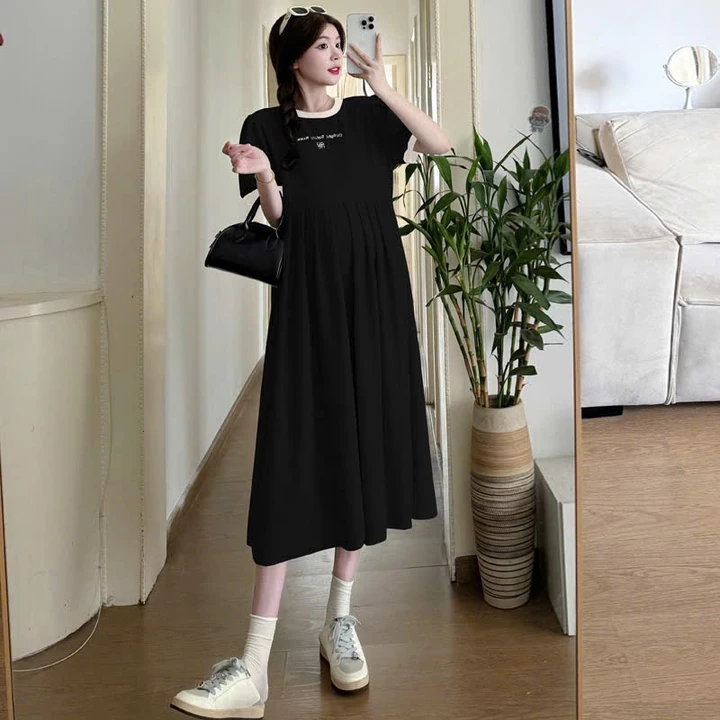 Đầm bầu thiết kế, váy bầu babydoll dáng dài chất tổ ong, đầm bầu cộc tay mùa hè bà bầu mặc đi làm đi chơi, ở nhà