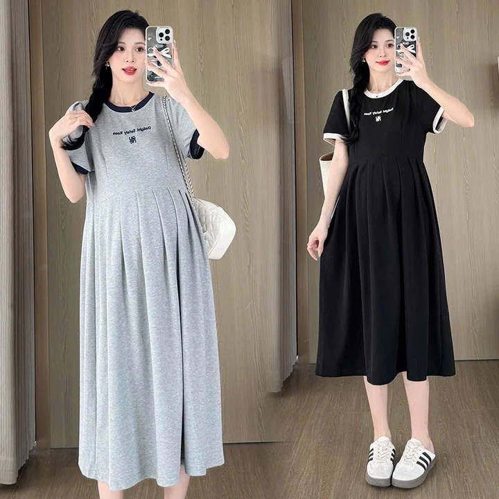 Đầm bầu thiết kế, váy bầu babydoll dáng dài chất tổ ong, đầm bầu cộc tay mùa hè bà bầu mặc đi làm đi chơi, ở nhà
