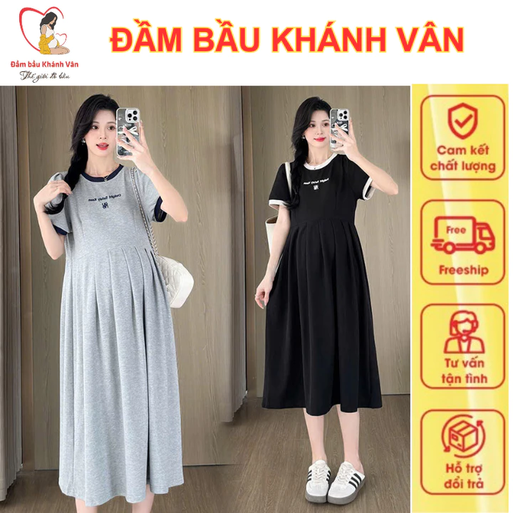 Đầm bầu thiết kế, váy bầu babydoll dáng dài chất tổ ong, đầm bầu cộc tay mùa hè bà bầu mặc đi làm đi chơi, ở nhà