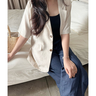 Áo khoác blazer ngắn tay chất linen poly muối tiêu Ma Vie
