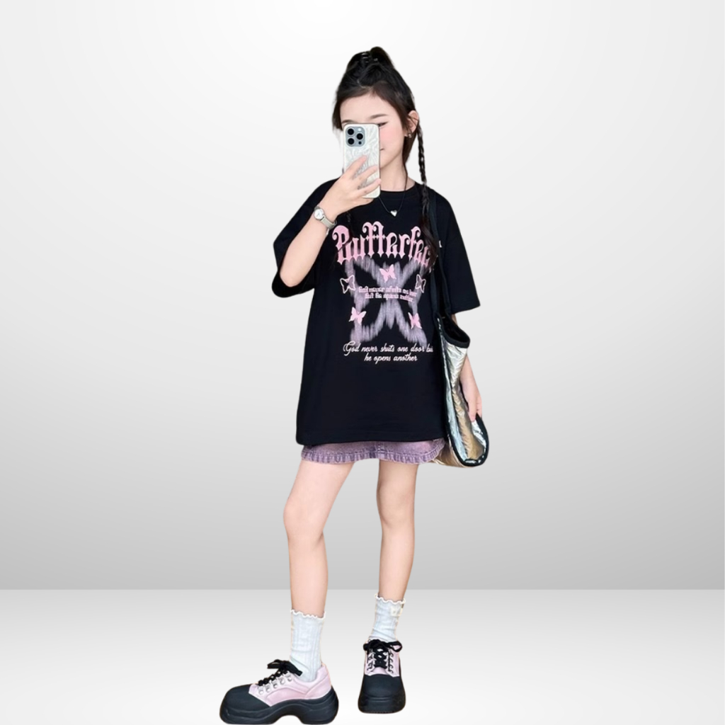 Áo Thun Trẻ Em JJ Kids Fashion – In Hình Butterfly Đôi Cánh Tỏa Sáng – Form Rộng Bé Gái B674