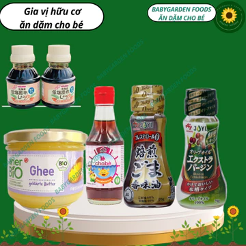 Tổng hợp các loại gia vị cho bé ăn dặm(Dầu gạo,dầu oliu,dầu óc chó,nước tương,sốt,nước mắm,syrup ...)