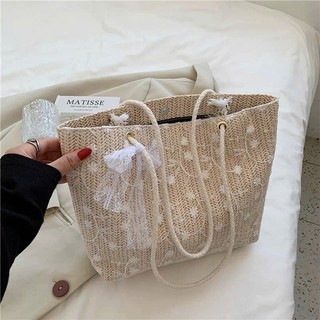 Túi Cói Đi Biển Bản To Họa Tiết Hoa Phối Ren Dây Quai Thừng Kèm Nơ Ren Phong Cách Trẻ Trung Cá Tính - Túi Cói Vintage