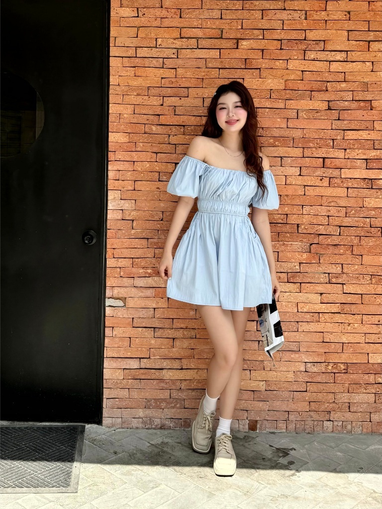 Ảnh Đầm Ngắn Mini Thun Eo Phối Túi Tay Năng Động Váy Trễ Vai Cổ Vuông Chất Gió Nhăn Mát GAGO GG4902 3