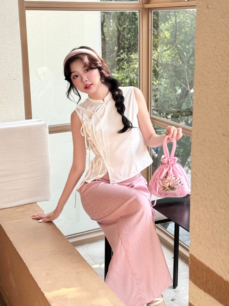Ảnh Áo cổ tàu nữ cách tân sát nách GAGO Brand, áo cách tân đắp tà thắt dây GA5076 1