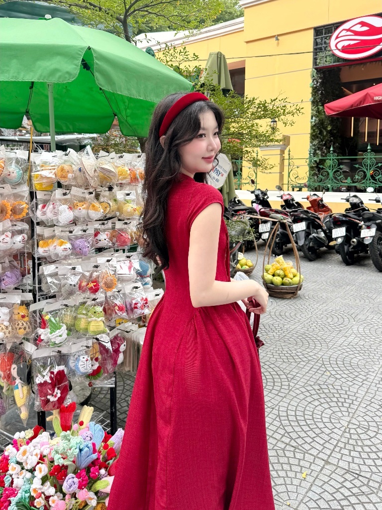 Ảnh Đầm đũi dài cổ tàu thắt nơ ngắn tay GAGO dáng xoè tiểu thư nữ tính dịu dàng GG5077 2