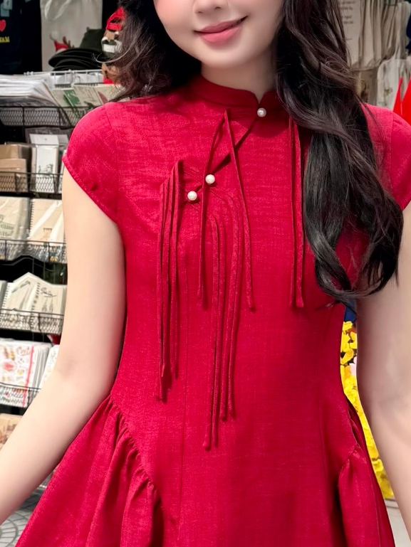 Ảnh Đầm đũi dài cổ tàu thắt nơ ngắn tay GAGO dáng xoè tiểu thư nữ tính dịu dàng GG5077 3