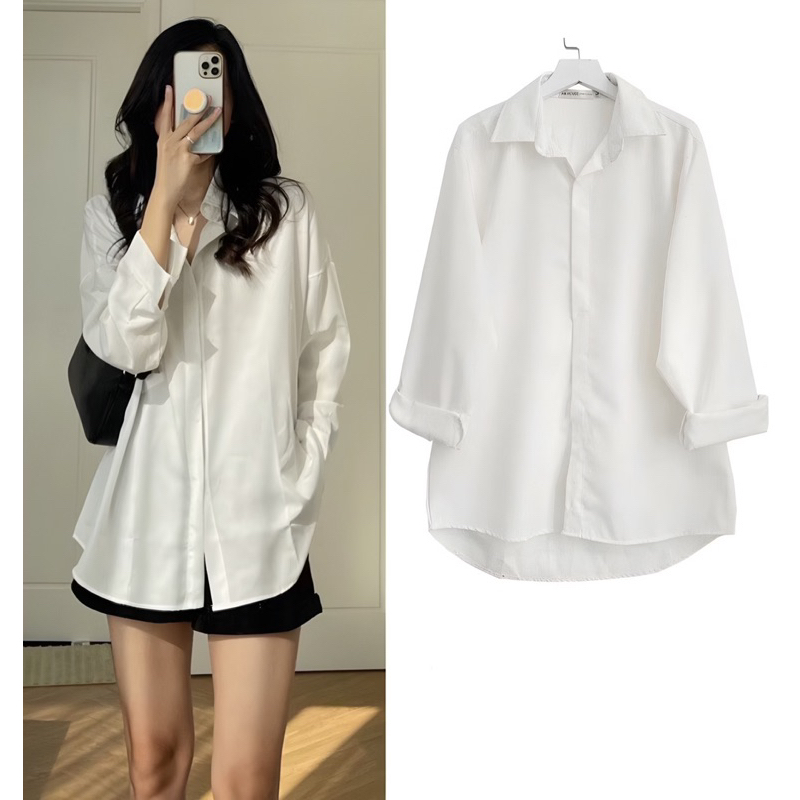 Áo Sơ Mi Nữ Form Rộng Dài Tay Cotton Lụa Hàn Unisex Màu Trắng Đen Đi Học, Đi Làm, Văn Phòng, Công sở Cực Xinh 539 - ĐTÔM