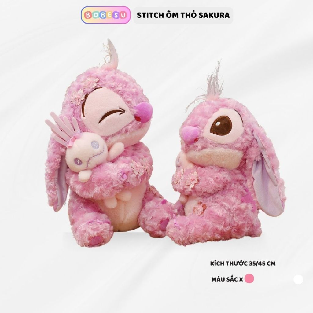 [ MẪU MỚI ] Gấu bông stitch sakura, Stitch hoa anh đào ôm thỏ hồng làm từ vải lông xù mềm mại cao cấp
