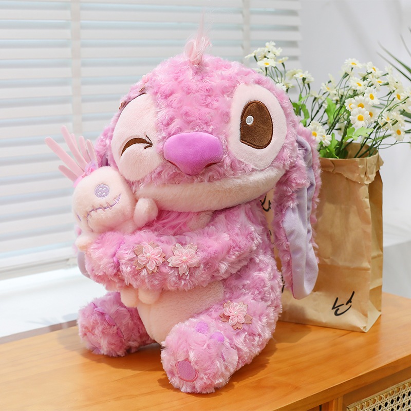 [ MẪU MỚI ] Gấu bông stitch sakura, Stitch hoa anh đào ôm thỏ hồng làm từ vải lông xù mềm mại cao cấp