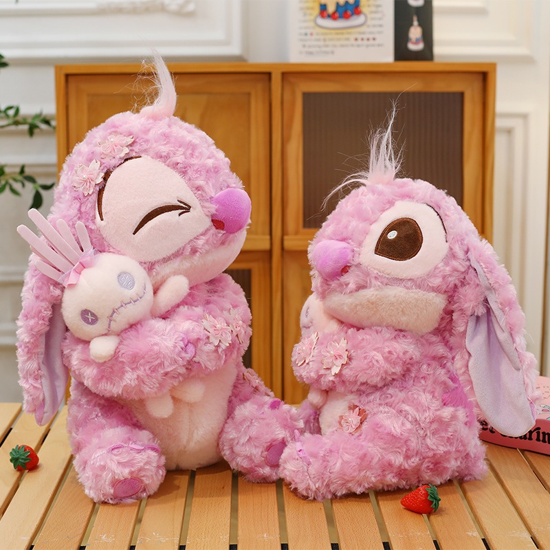 [ MẪU MỚI ] Gấu bông stitch sakura, Stitch hoa anh đào ôm thỏ hồng làm từ vải lông xù mềm mại cao cấp