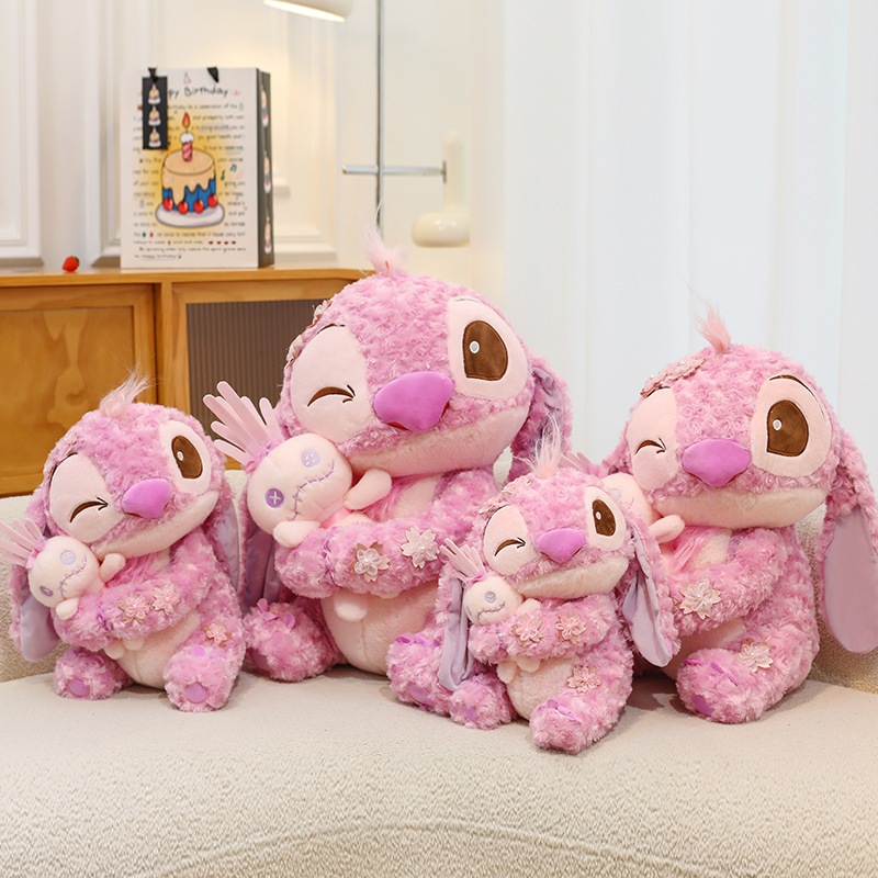 Gấu bông stitch hồng sakura họa tiết cánh hoa đào dễ thương chất liệu lông xù mềm mại