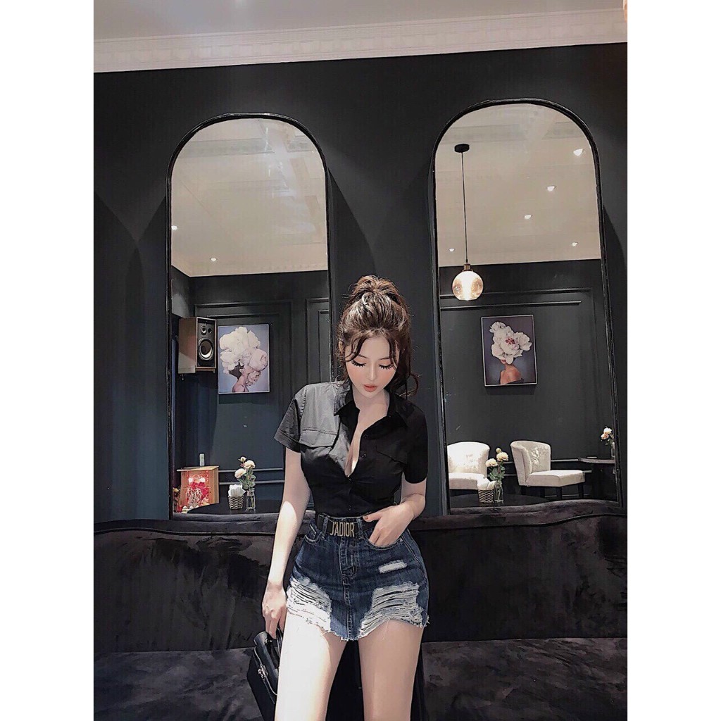Áo sơ mi tay ngắn dài dáng ôm body chất co dãn