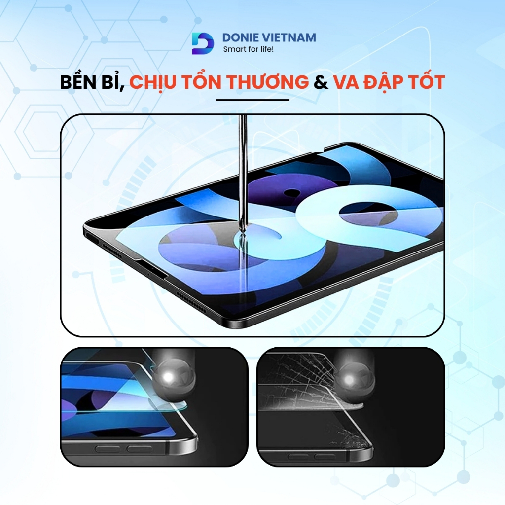 Kính Cường Lực Độ Cứng 9H Trong Suốt Cho iPad A16 Gen 10/11 Air 4/5/6/7 Pro 11 13 M3 M4 | Donie C01
