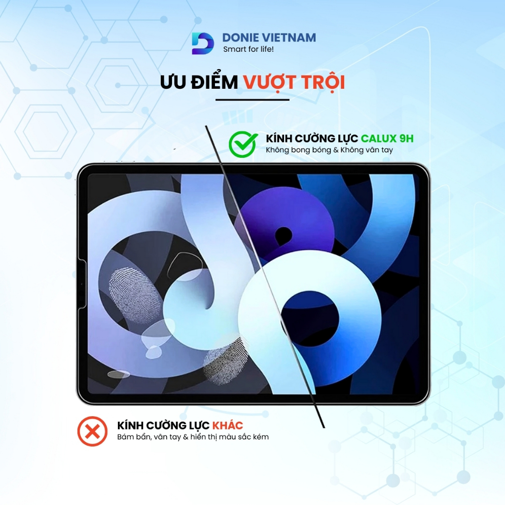 Kính Cường Lực Độ Cứng 9H Trong Suốt Cho iPad A16 Gen 10/11 Air 4/5/6/7 Pro 11 13 M3 M4 | Donie C01