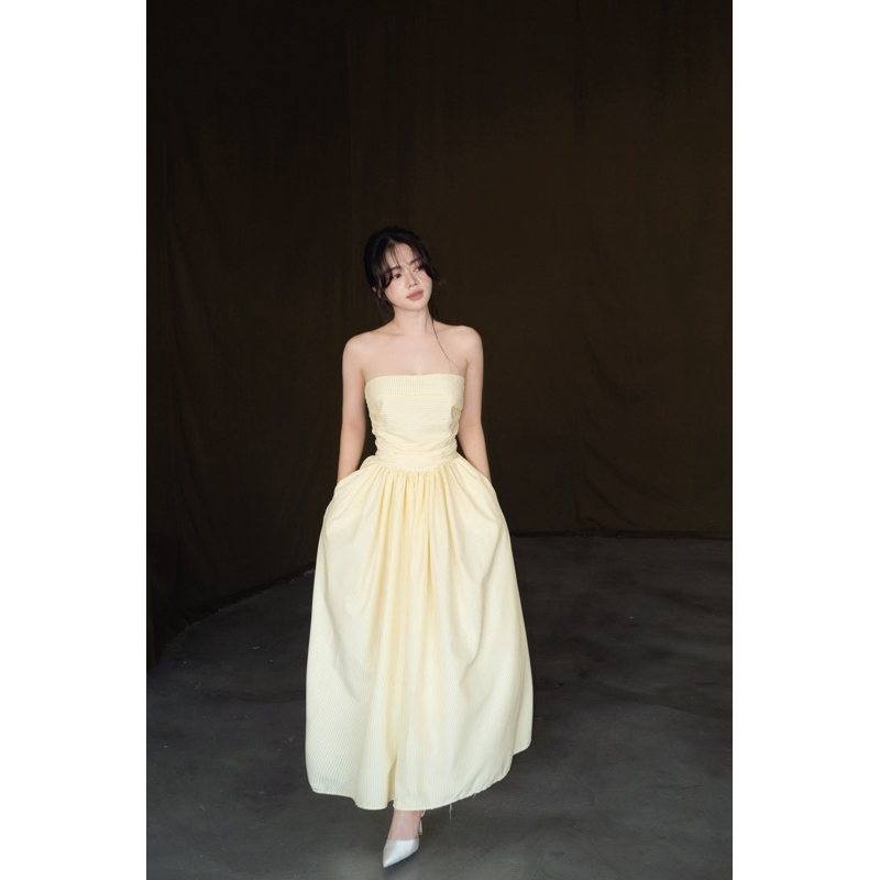 Đầm sọc xếp ngực- Hàng thiết kế-màu Xanh/Vàng- TYCLOTHING