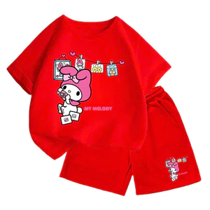 Bộ Cộc Tay Chất Vải Cotton Thoáng Mát Dễ Mặc Cho Bé Mặc Đi Chơi, Hình Kuromi My Melody Cầm Máy Ảnh