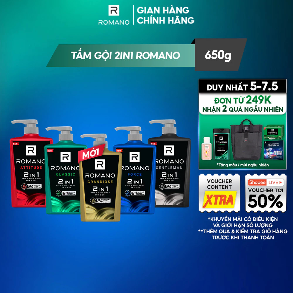 Ảnh Tắm gội cho nam 2 trong 1 hương Nước hoa nam Romano 2in1 650g/chai 1