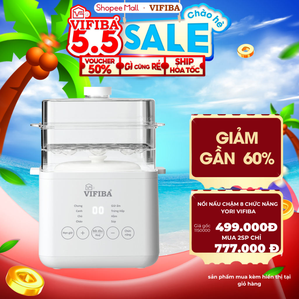 Ảnh Nồi Nấu Chậm Đa Năng VIFIBA Kèm Hấp, 8 Chức Năng Nấu, Nồi Cho Bé Ăn Dặm, Nấu Cháo, Hầm, Hấp,....VE12 1