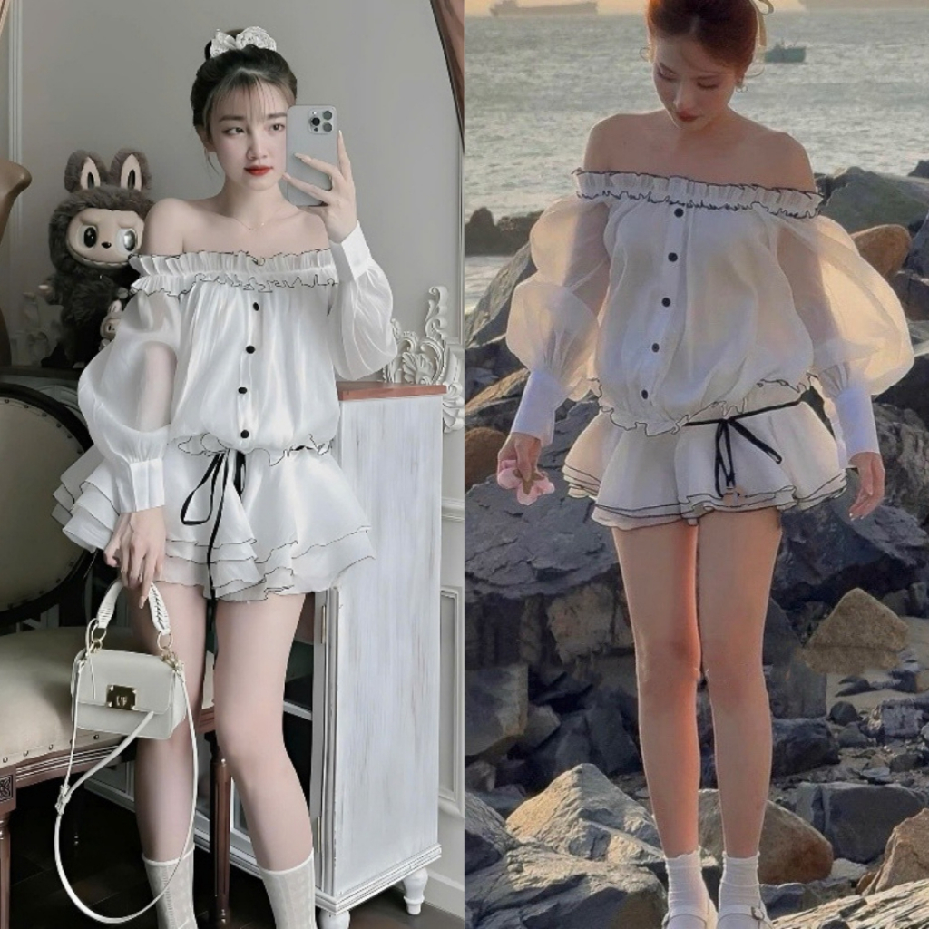 [ HÀNG LOẠI 1] Váy Tiểu Thư Trễ Vai Tay Dài Phồng, Form Bí Xoè Viền Bèo Sang Chảnh , Vải Tơ Xốp Mát Kèm Quần Bí