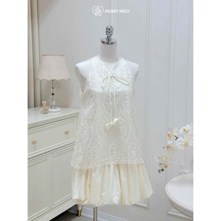 Váy sát nách 𝑺𝒖𝒏𝒏𝒚 𝑩𝒍𝒐𝒐𝒎 – Thiết kế cao cấp HumyNgo, Form dáng váy bí phồng trendy phối ren màu be nude, váy đôi mẹ con
