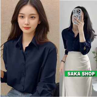 Áo sơ mi from rộng tay dài nữ xanh đen vải cotton lụa
