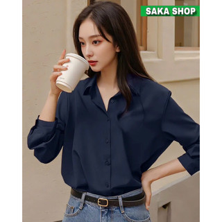 Áo sơ mi from rộng tay dài nữ xanh đen vải cotton lụa